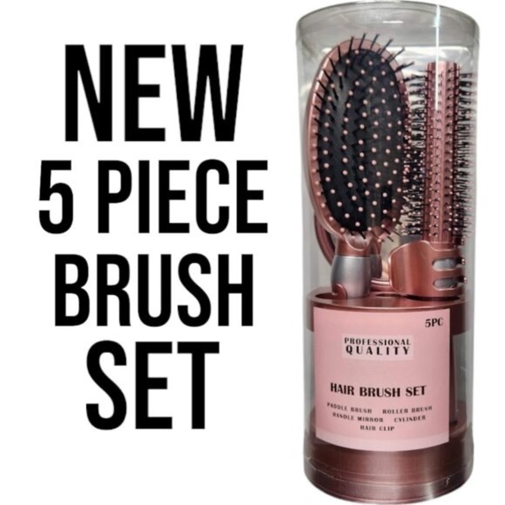 Professional Quality 5PC Hair Brush Set‎ Rose Gold Paddle Roller Mirror Clip NEW